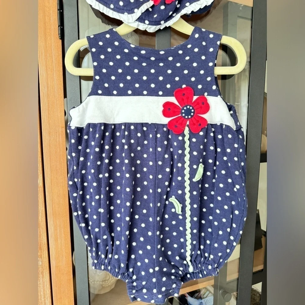 Hartstrings polka dots appliqué bubble romper hat set navy baby girl toddler VTG
